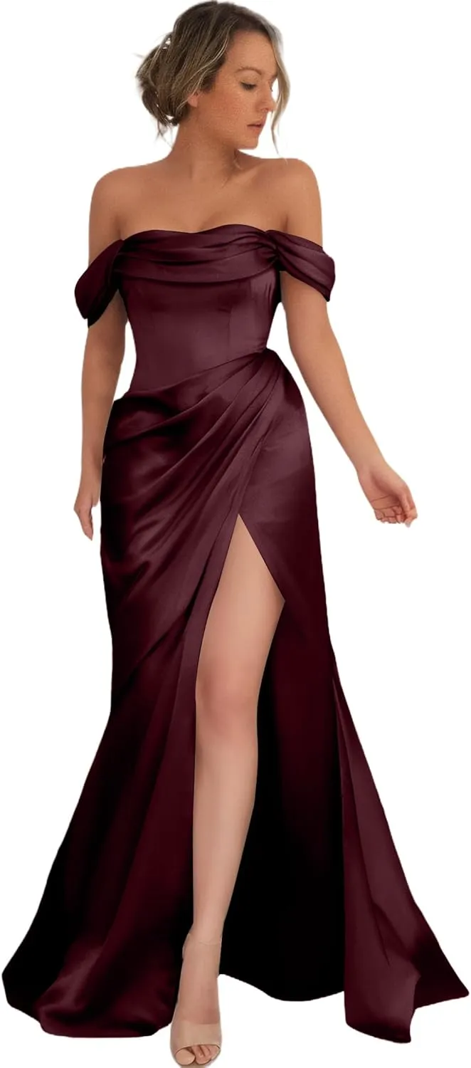 Off Shoulder Prom Dresses for Women Long Mermaid Evening Dresses Satin High Split Bridemaid Dresses
