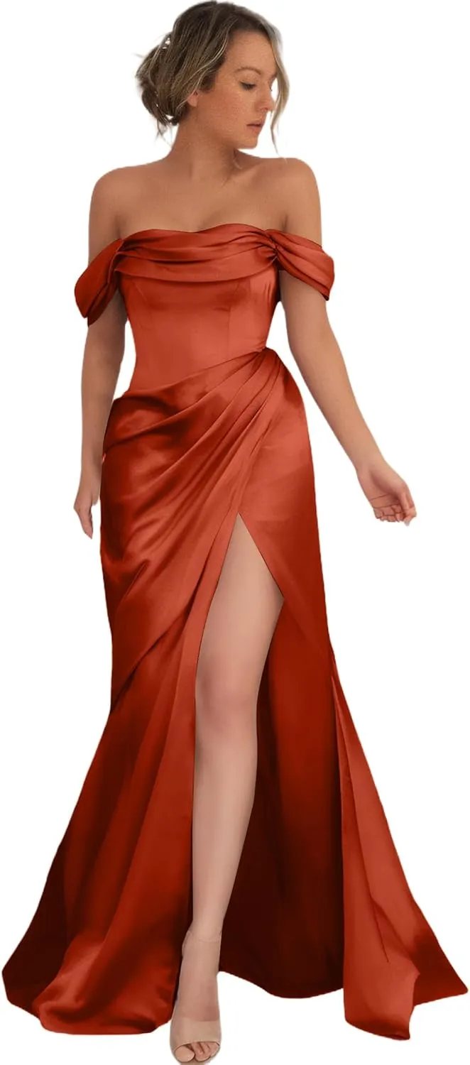 Off Shoulder Prom Dresses for Women Long Mermaid Evening Dresses Satin High Split Bridemaid Dresses