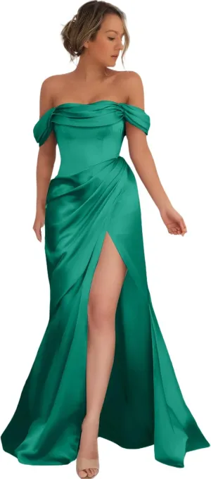 Off Shoulder Prom Dresses for Women Long Mermaid Evening Dresses Satin High Split Bridemaid Dresses