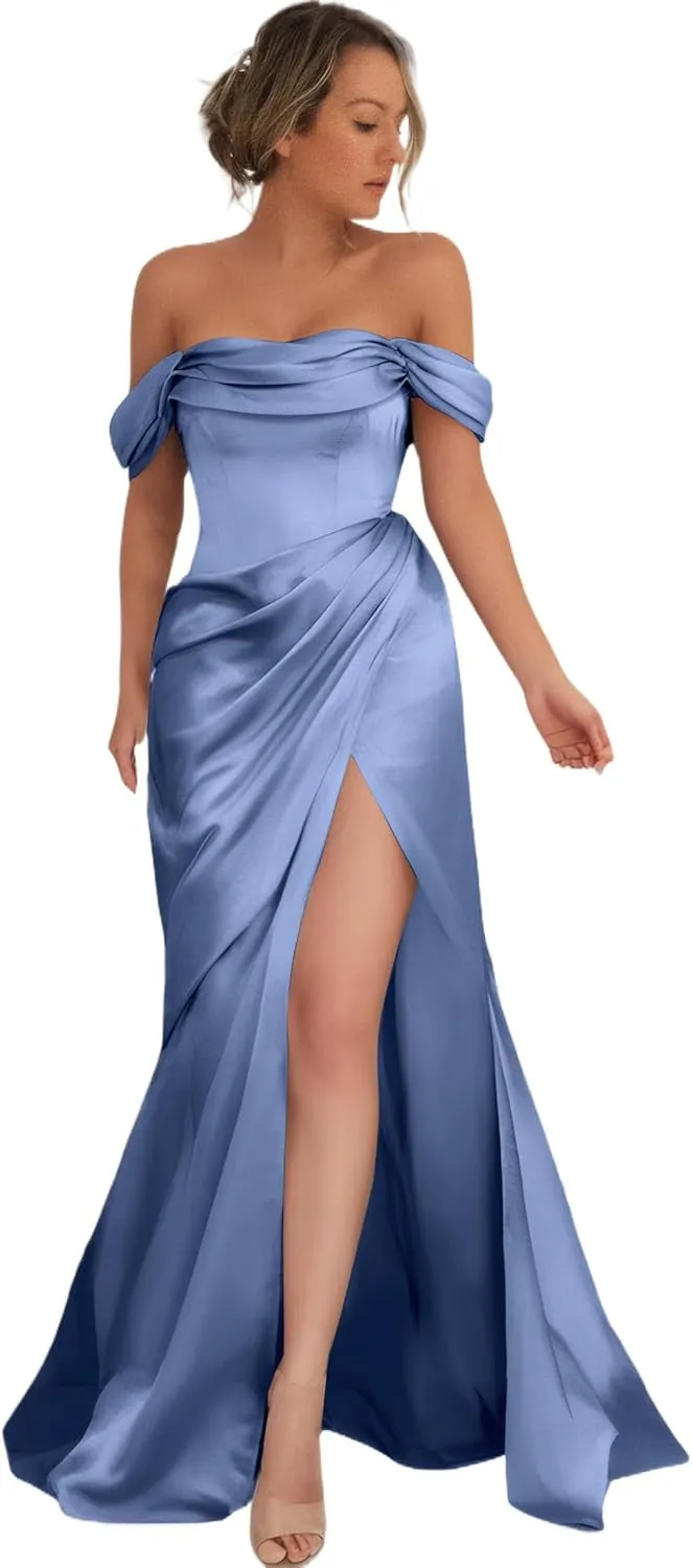Off Shoulder Prom Dresses for Women Long Mermaid Evening Dresses Satin High Split Bridemaid Dresses