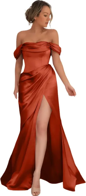 Off Shoulder Prom Dresses for Women Long Mermaid Evening Dresses Satin High Split Bridemaid Dresses
