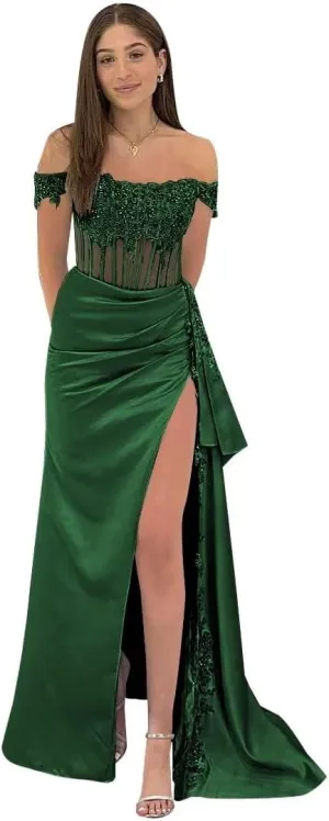 Off Shoulder Satin Beaded Prom Dresses Long Formal Dresses Corset Lace Appliques Evening Dresses with Slit