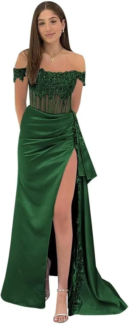 Off Shoulder Satin Beaded Prom Dresses Long Formal Dresses Corset Lace Appliques Evening Dresses with Slit
