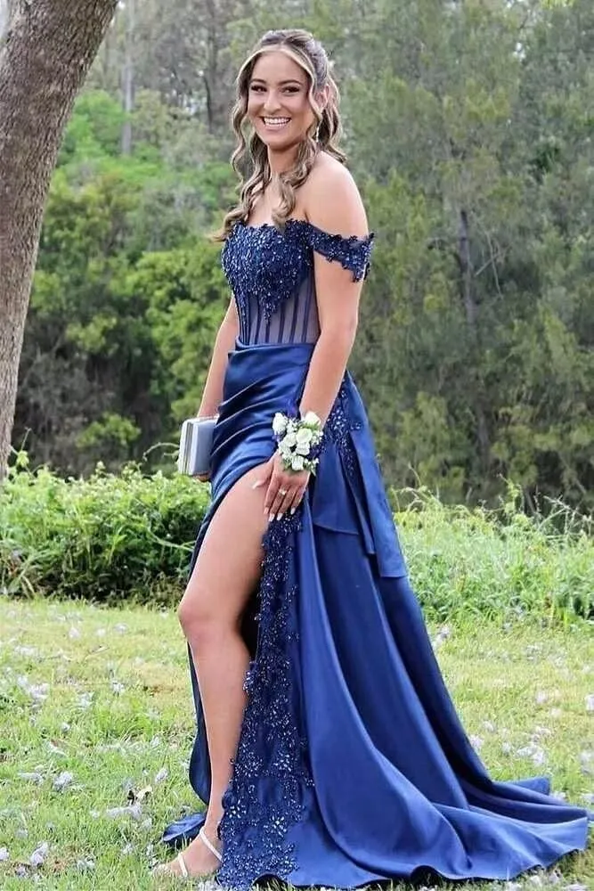 Off Shoulder Satin Beaded Prom Dresses Long Formal Dresses Corset Lace Appliques Evening Dresses with Slit