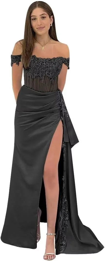 Off Shoulder Satin Beaded Prom Dresses Long Formal Dresses Corset Lace Appliques Evening Dresses with Slit