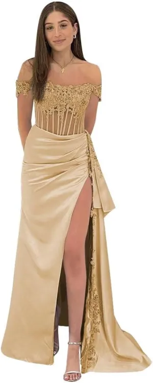 Off Shoulder Satin Beaded Prom Dresses Long Formal Dresses Corset Lace Appliques Evening Dresses with Slit