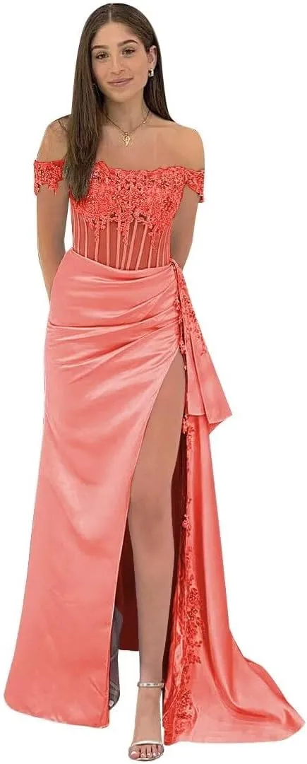 Off Shoulder Satin Beaded Prom Dresses Long Formal Dresses Corset Lace Appliques Evening Dresses with Slit