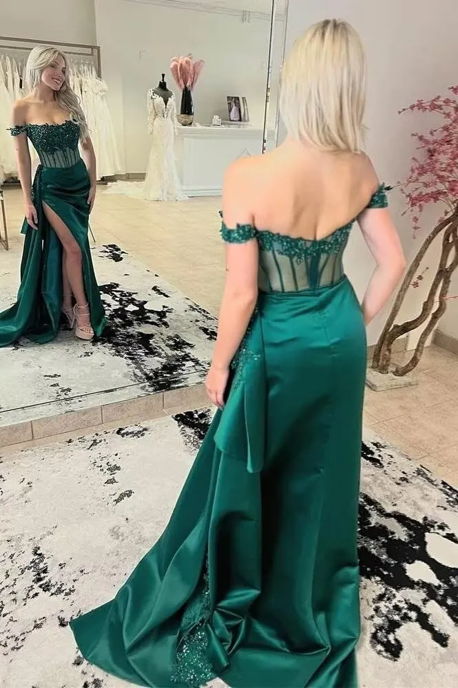 Off Shoulder Satin Beaded Prom Dresses Long Formal Dresses Corset Lace Appliques Evening Dresses with Slit