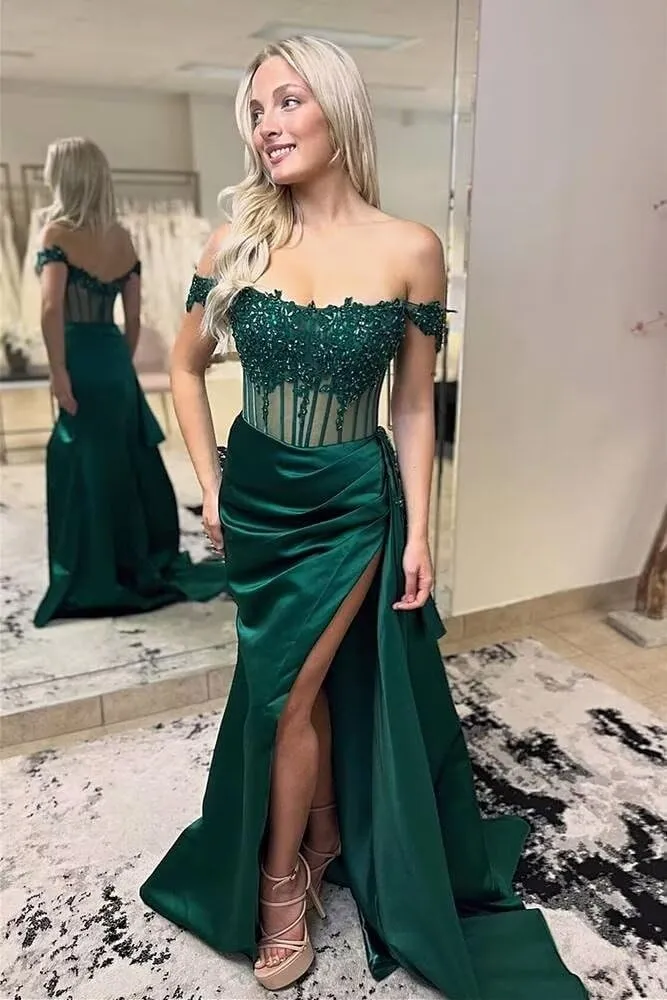 Off Shoulder Satin Beaded Prom Dresses Long Formal Dresses Corset Lace Appliques Evening Dresses with Slit
