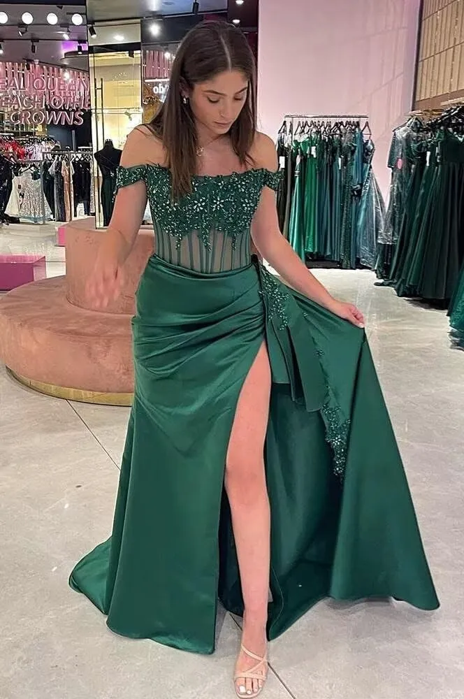 Off Shoulder Satin Beaded Prom Dresses Long Formal Dresses Corset Lace Appliques Evening Dresses with Slit