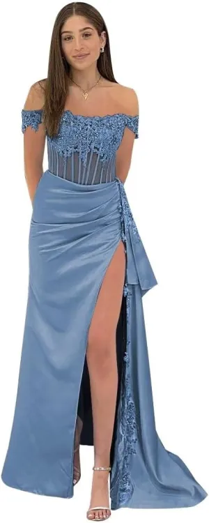 Off Shoulder Satin Beaded Prom Dresses Long Formal Dresses Corset Lace Appliques Evening Dresses with Slit
