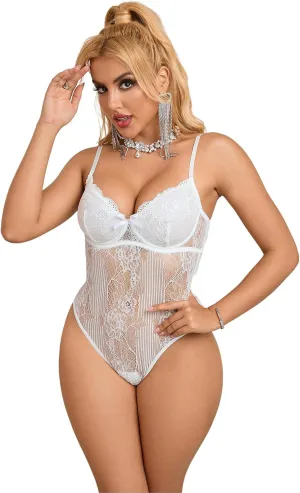 ohyeah Women Black Lace Bodysuit Plus Size Teddy Lingerie One Piece Babydoll Lingerie Bodysuit Snap Crotch Mesh Teddy