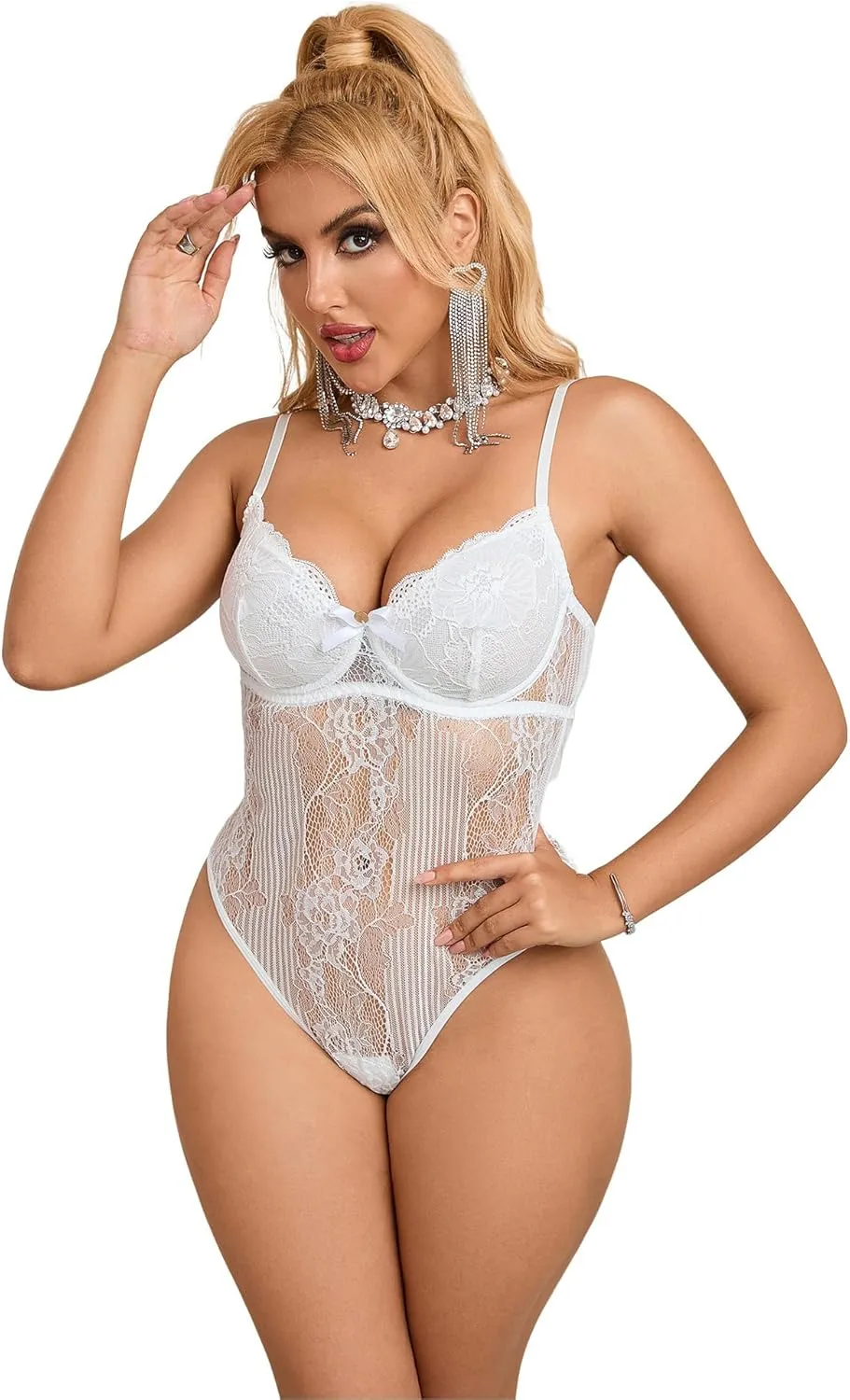 ohyeah Women Black Lace Bodysuit Plus Size Teddy Lingerie One Piece Babydoll Lingerie Bodysuit Snap Crotch Mesh Teddy