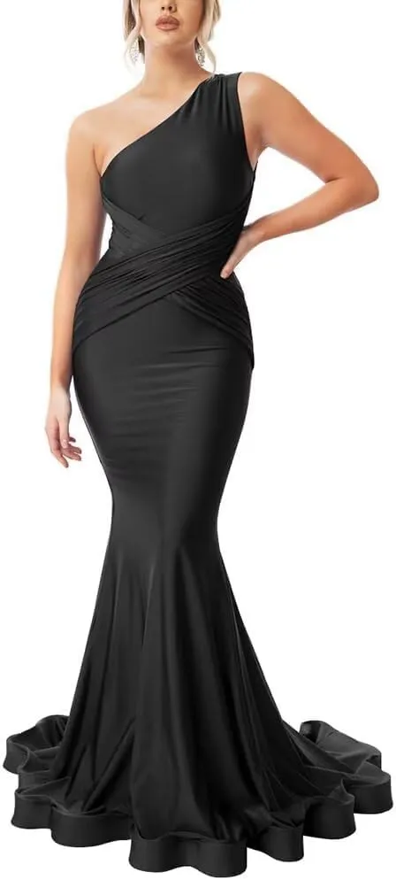 One Shoulder Mermaid Bridesmaid Dresses for Women Long Satin Prom Dresses Ruched Bodycon Formal Party Dresses