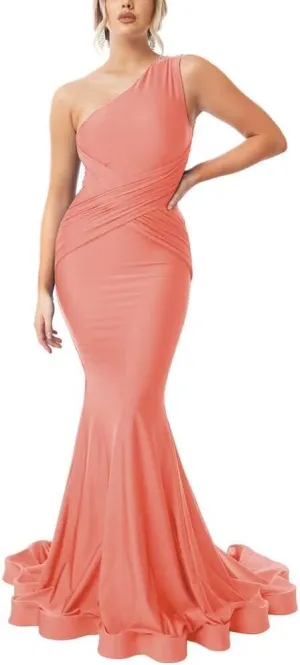 One Shoulder Mermaid Bridesmaid Dresses for Women Long Satin Prom Dresses Ruched Bodycon Formal Party Dresses