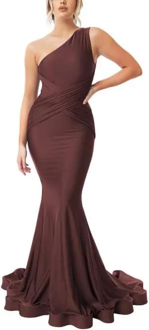 One Shoulder Mermaid Bridesmaid Dresses for Women Long Satin Prom Dresses Ruched Bodycon Formal Party Dresses