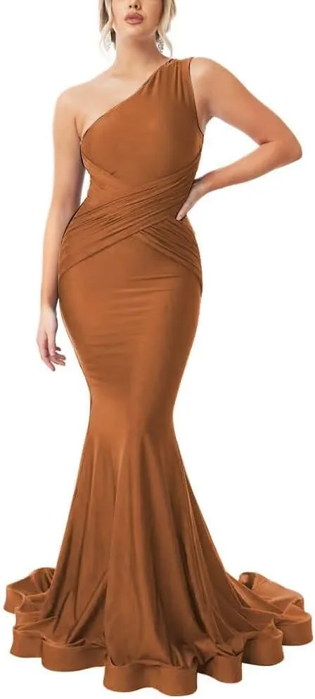 One Shoulder Mermaid Bridesmaid Dresses for Women Long Satin Prom Dresses Ruched Bodycon Formal Party Dresses