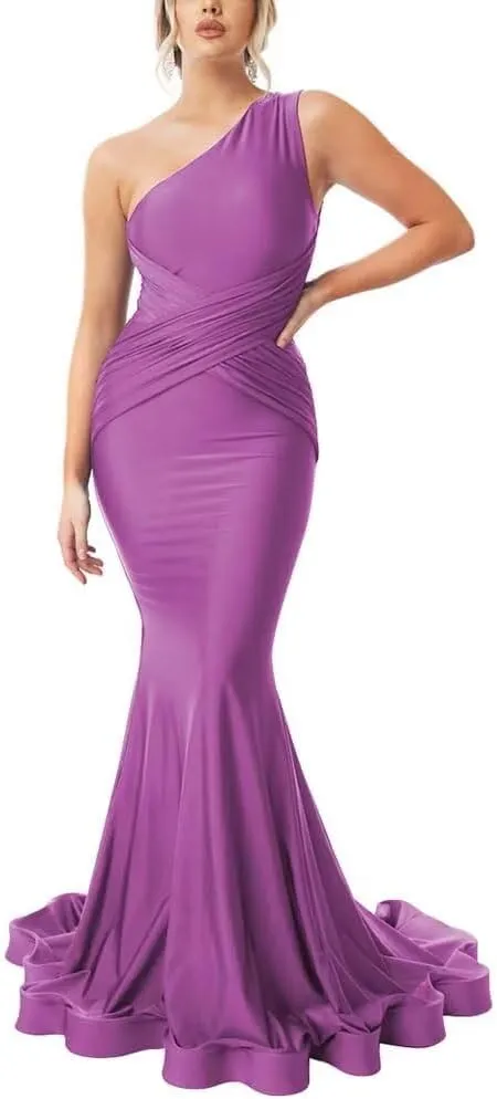One Shoulder Mermaid Bridesmaid Dresses for Women Long Satin Prom Dresses Ruched Bodycon Formal Party Dresses