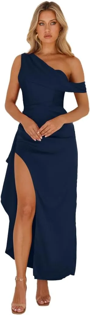 One Shoulder Satin Bridesmaid Dresses Corset Prom Dresses for Women Long Formal Dresses NO68