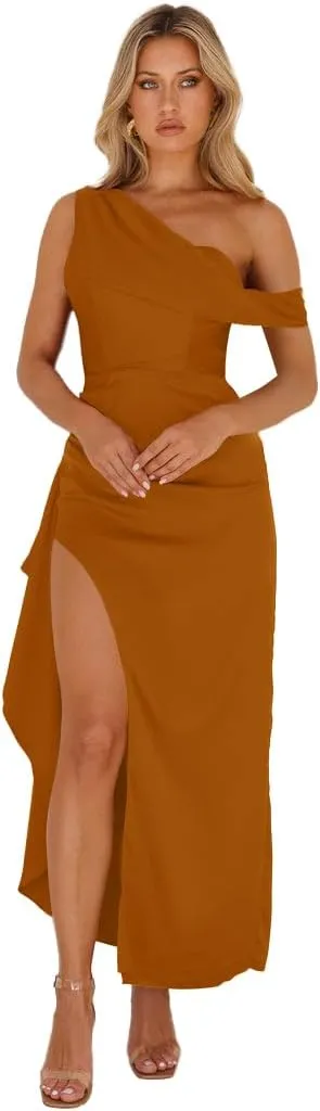 One Shoulder Satin Bridesmaid Dresses Corset Prom Dresses for Women Long Formal Dresses NO68