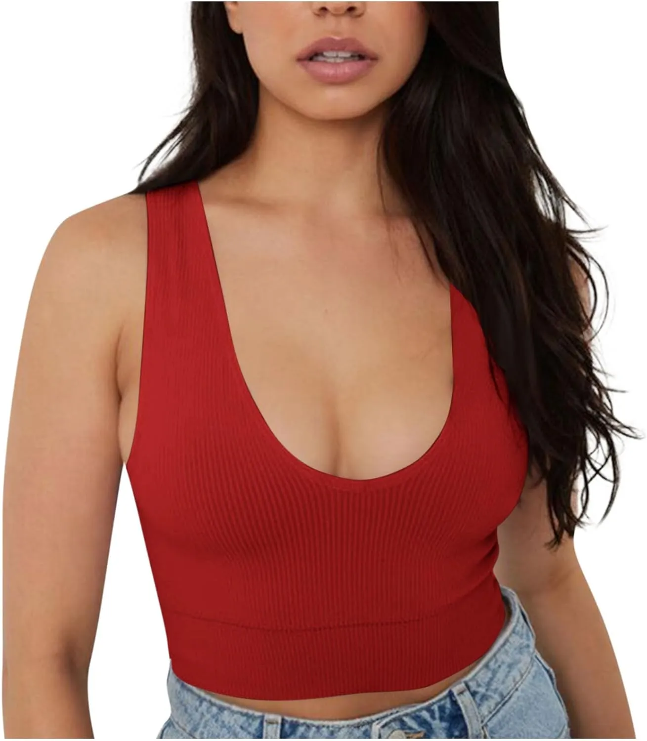 Oplxuo Womens Sexy Deep V-Neck Ribbed Tank Tops Cropped Slim Fit Y2K Going Out Sleeveless Shirts