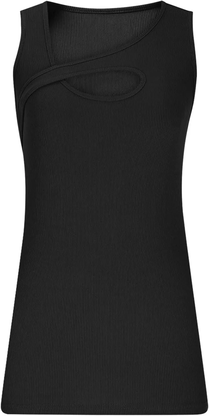 Oplxuo Womens Summer Cutout Tank Tops Asymmetric Neck Sleeveless Shirts Ribbed Tanks Slim Fitted Y2K Sexy Basic Tee Shirts