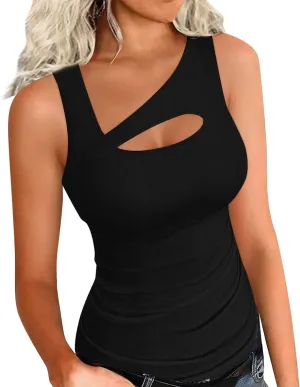 Oplxuo Womens Summer Cutout Tank Tops Asymmetric Neck Sleeveless Shirts Ribbed Tanks Slim Fitted Y2K Sexy Basic Tee Shirts
