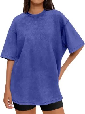Oversize Crewneck Shirt for Women Vintage Washed Tops Loose Fit Tshirt Soild Summer Casual Tee Plain Tunic Tops
