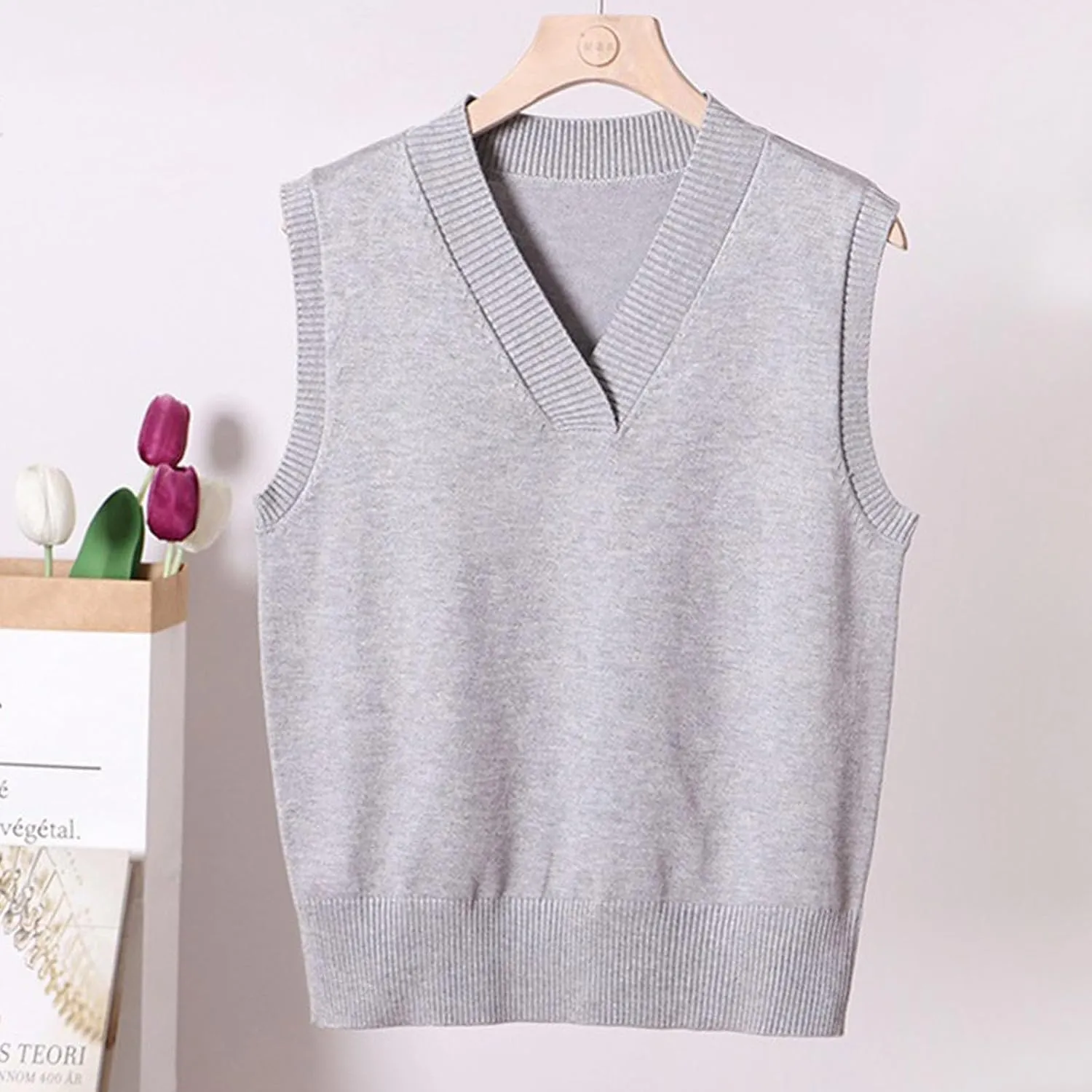 Oversized Sweater Vest for Women School Uniform Sleeveless V Neck Pullover Knitwear Tops Solid Tunic Tank Tops