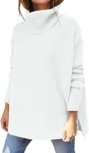 Oversized Turtleneck Sweaters for Women 2023 Long Batwing Sleeve Spilt Tunic Pullover Tops Fall Knitted Slouchy Jumper Tops