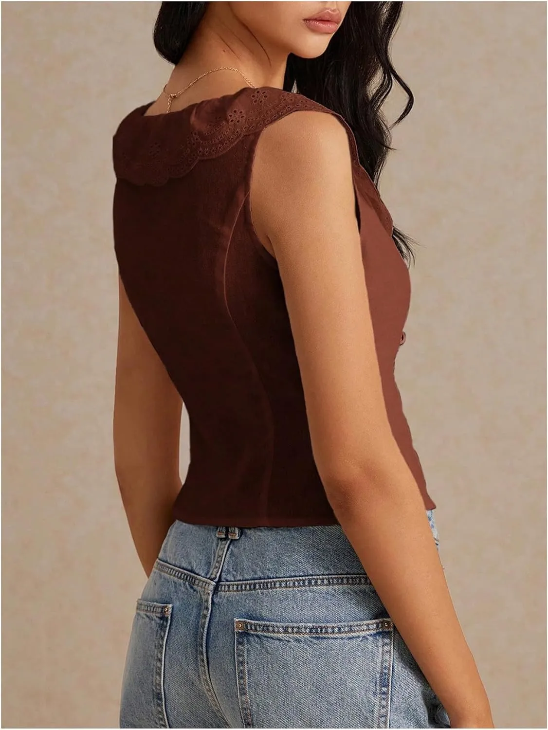 OYOANGLE Women's Button Front Scoop Neck Ruffle Crop Tank Tops Embroidery Sleeveless Summer Tops