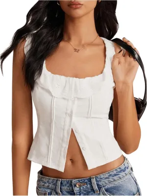 OYOANGLE Women's Button Front Scoop Neck Ruffle Crop Tank Tops Embroidery Sleeveless Summer Tops
