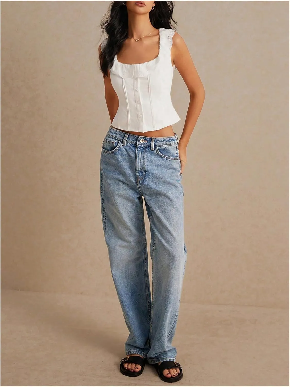 OYOANGLE Women's Button Front Scoop Neck Ruffle Crop Tank Tops Embroidery Sleeveless Summer Tops