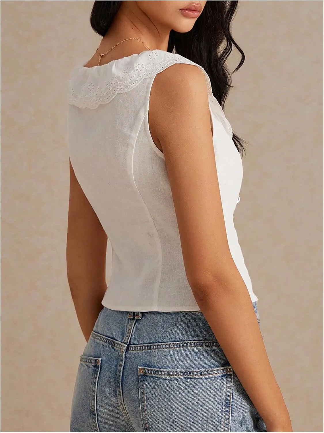 OYOANGLE Women's Button Front Scoop Neck Ruffle Crop Tank Tops Embroidery Sleeveless Summer Tops