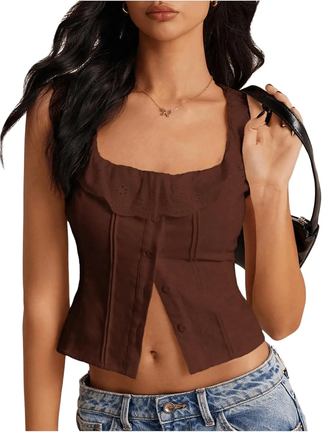 OYOANGLE Women's Button Front Scoop Neck Ruffle Crop Tank Tops Embroidery Sleeveless Summer Tops