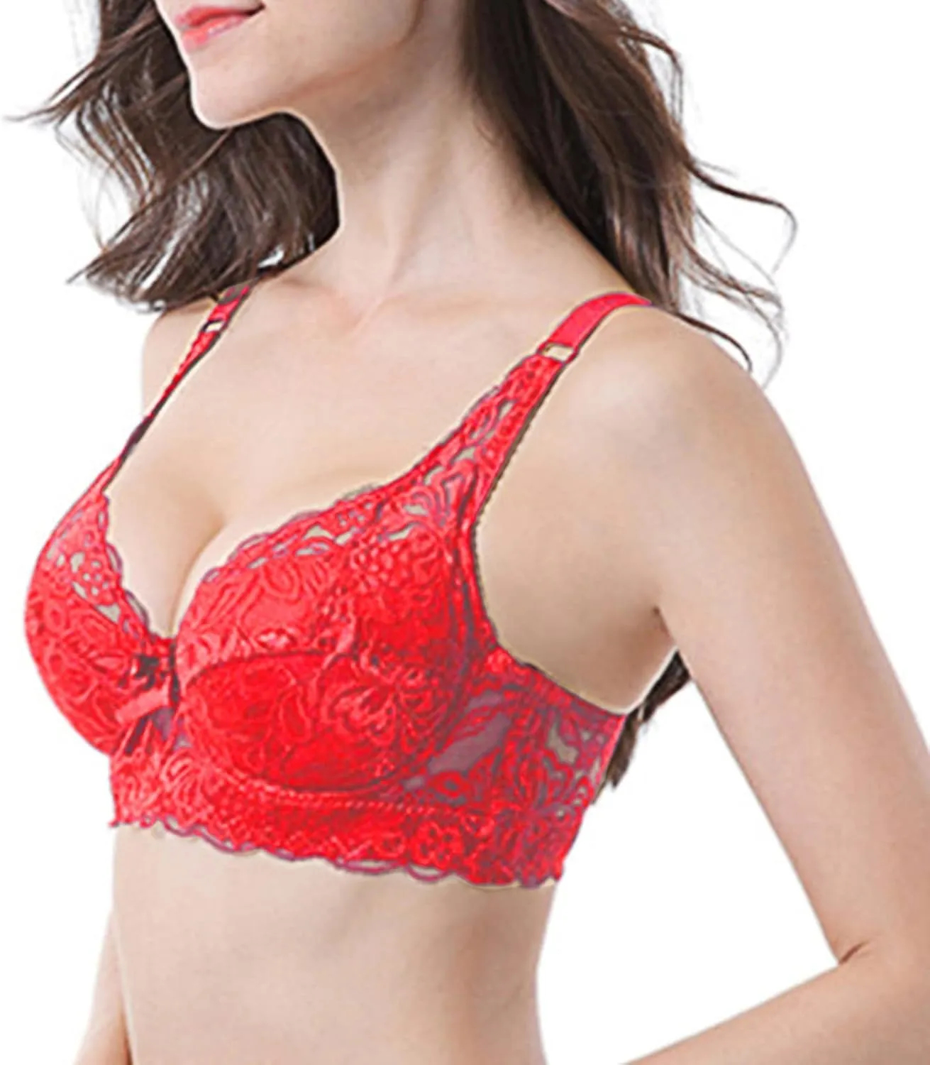 Padded Push Up Bras for Women V Neck T-Shirt Lace Brassiere with Underwire Support Uplift Bra Add Cup Size