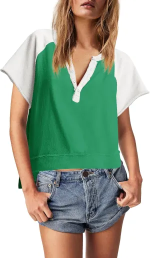 Panadila Womens Color Block Short Sleeve Tops Oversized Tshirts Summer Raglan Shirt Casual Crop Cute Tops