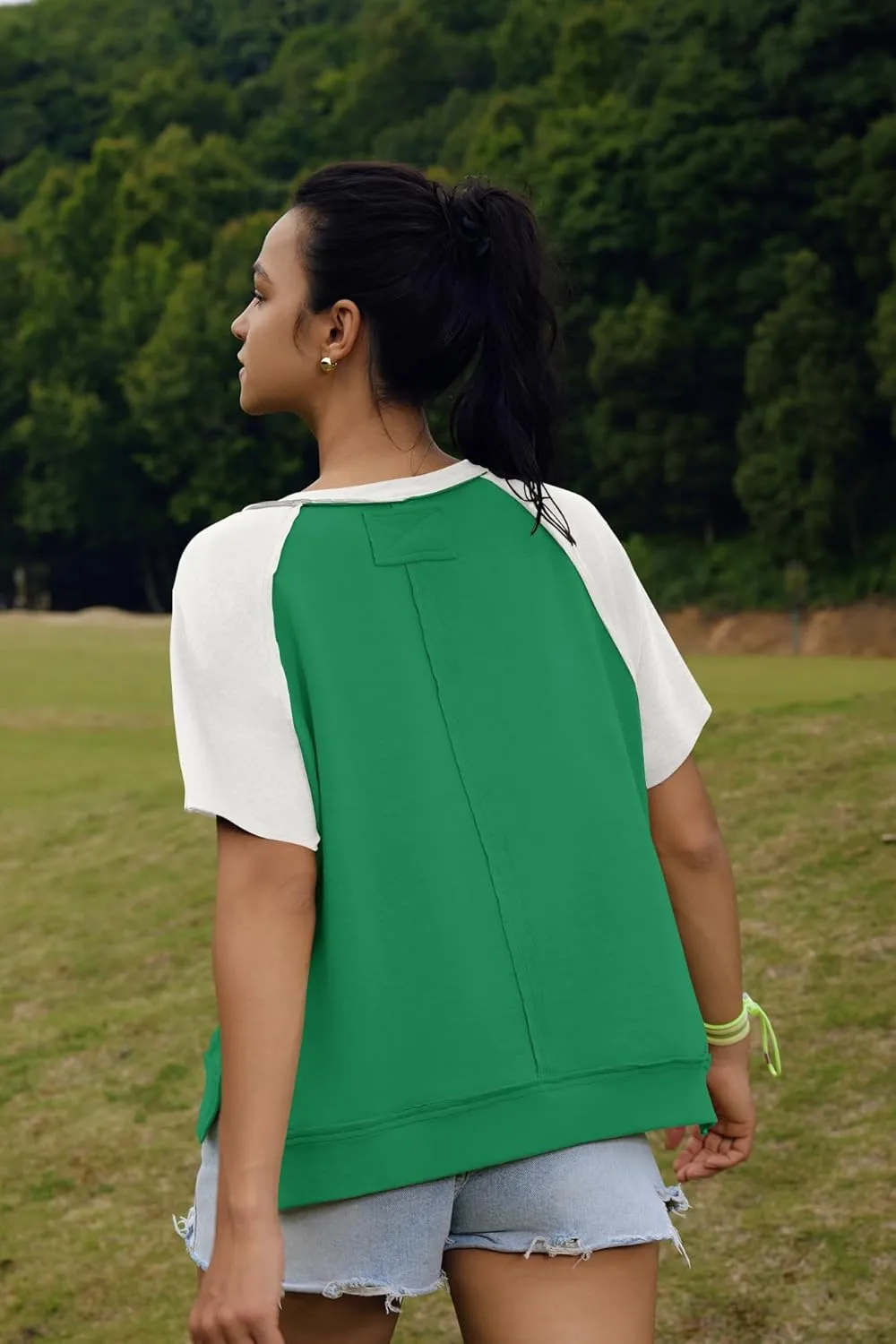 Panadila Womens Color Block Short Sleeve Tops Oversized Tshirts Summer Raglan Shirt Casual Crop Cute Tops