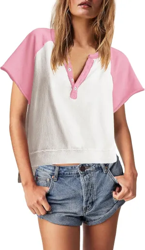 Panadila Womens Color Block Short Sleeve Tops Oversized Tshirts Summer Raglan Shirt Casual Crop Cute Tops