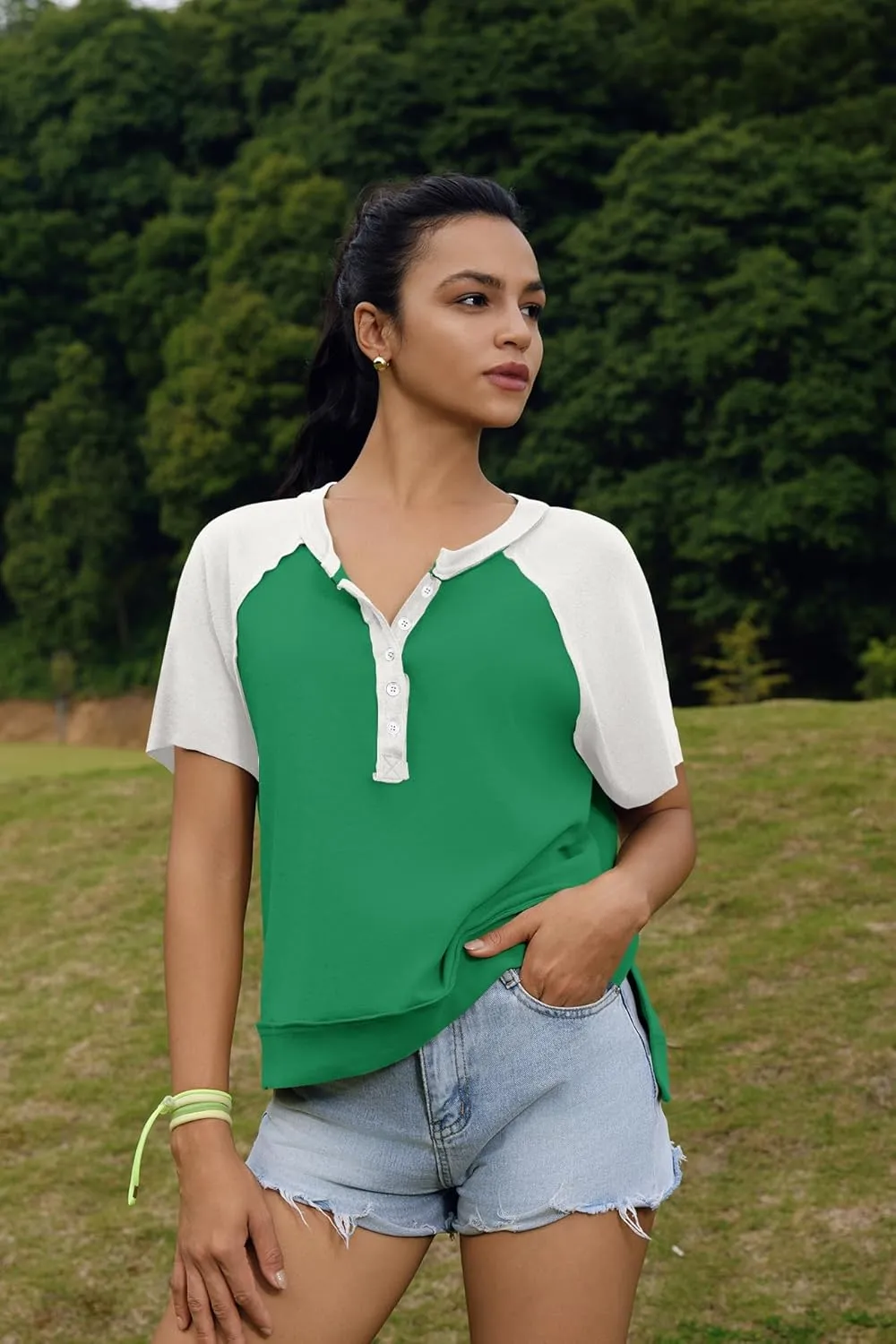 Panadila Womens Color Block Short Sleeve Tops Oversized Tshirts Summer Raglan Shirt Casual Crop Cute Tops