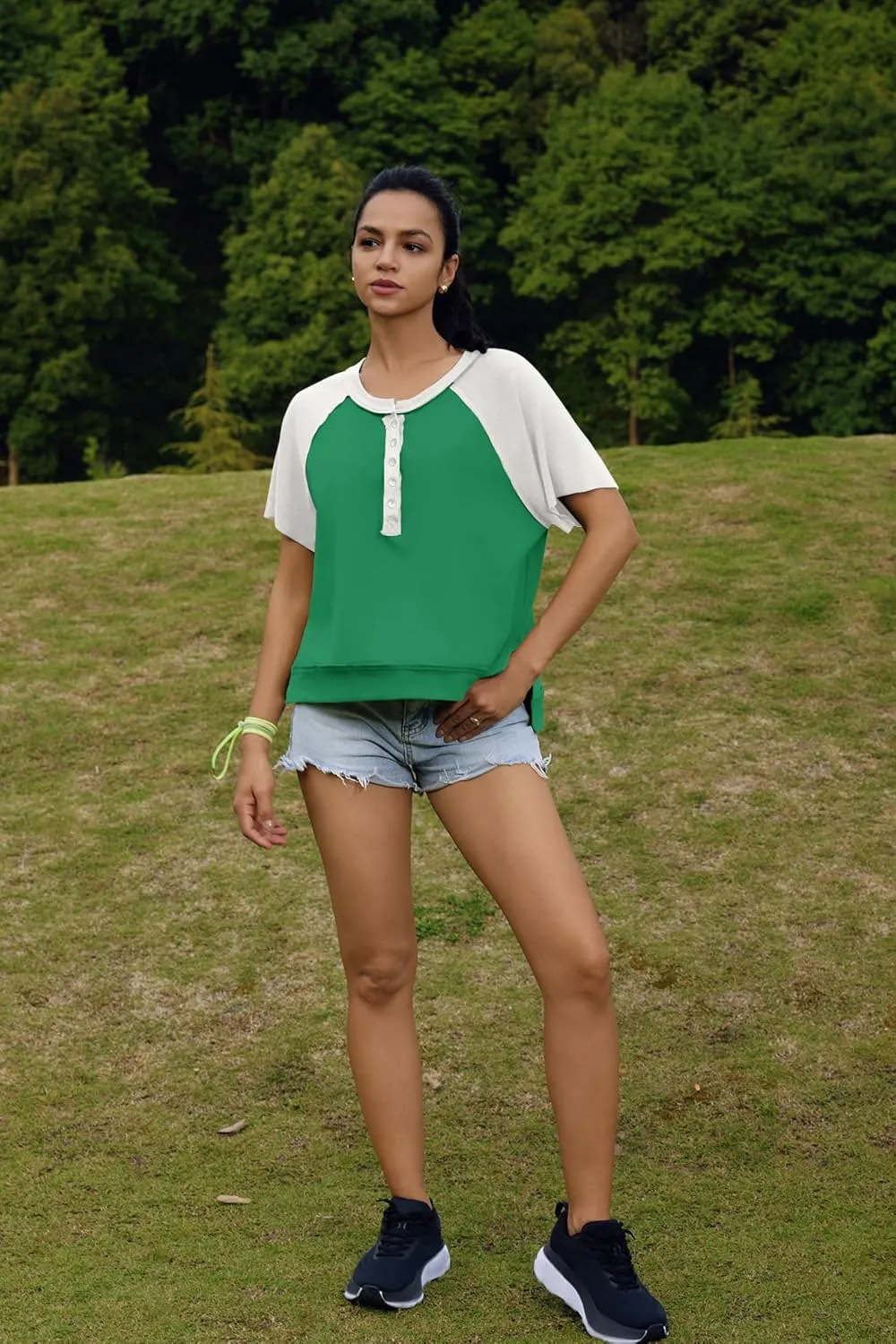 Panadila Womens Color Block Short Sleeve Tops Oversized Tshirts Summer Raglan Shirt Casual Crop Cute Tops