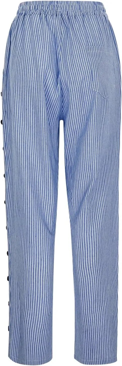 Pants for Women Olzeep Classy Striped Side Pocket Pants Women's Stripe Button Casual Loose Cotton Linen Pants