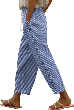 Pants for Women Olzeep Classy Striped Side Pocket Pants Women's Stripe Button Casual Loose Cotton Linen Pants