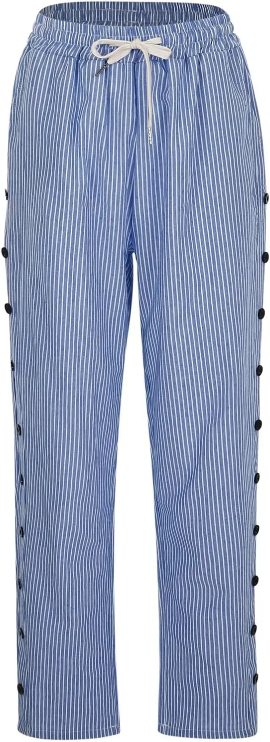 Pants for Women Olzeep Classy Striped Side Pocket Pants Women's Stripe Button Casual Loose Cotton Linen Pants
