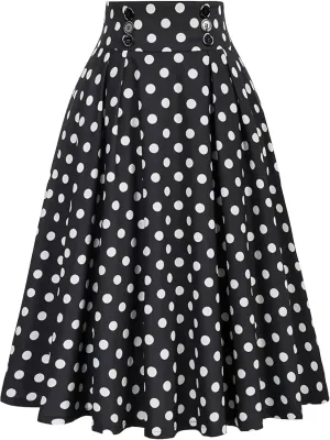 Pleated Skirts for Women Vintage Polka Dot A-line Midi Skirt Button High Waisted Skirt Flowy Long Skirts