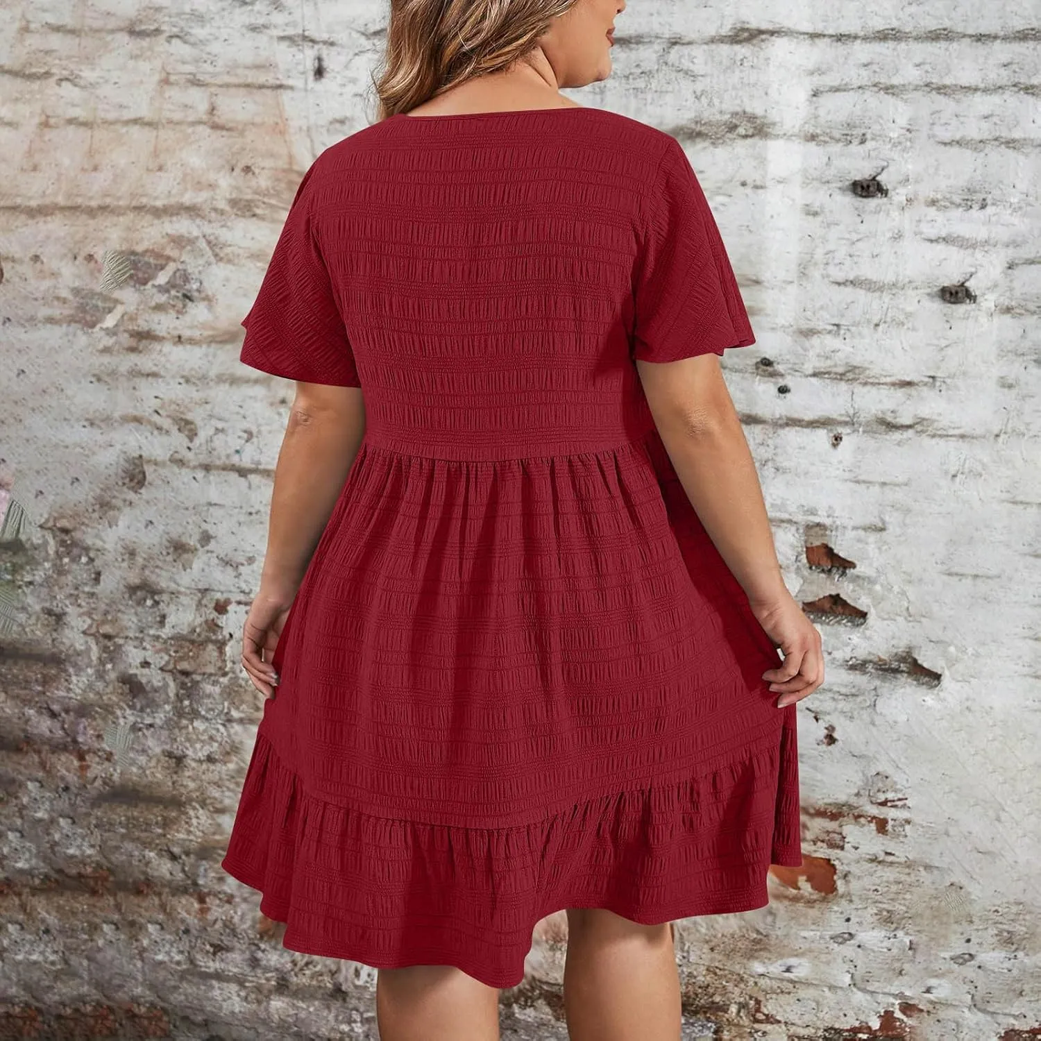 Plus Size Gauze Dresses for Women Short Sleeve Ruffle Hem Midi Dresses Summer Casual Beach Party Dresses