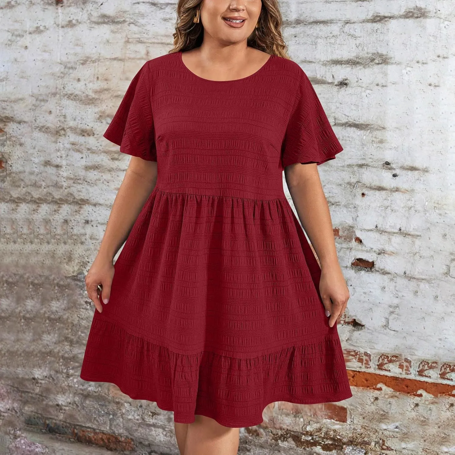 Plus Size Gauze Dresses for Women Short Sleeve Ruffle Hem Midi Dresses Summer Casual Beach Party Dresses
