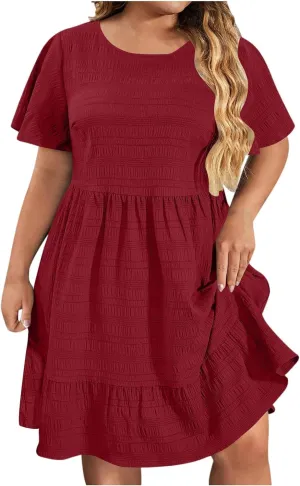Plus Size Gauze Dresses for Women Short Sleeve Ruffle Hem Midi Dresses Summer Casual Beach Party Dresses