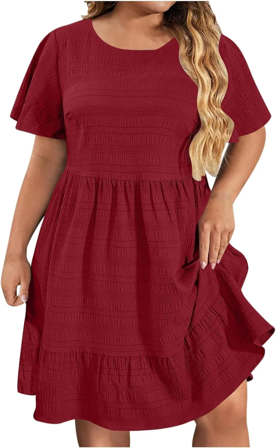 Plus Size Gauze Dresses for Women Short Sleeve Ruffle Hem Midi Dresses Summer Casual Beach Party Dresses