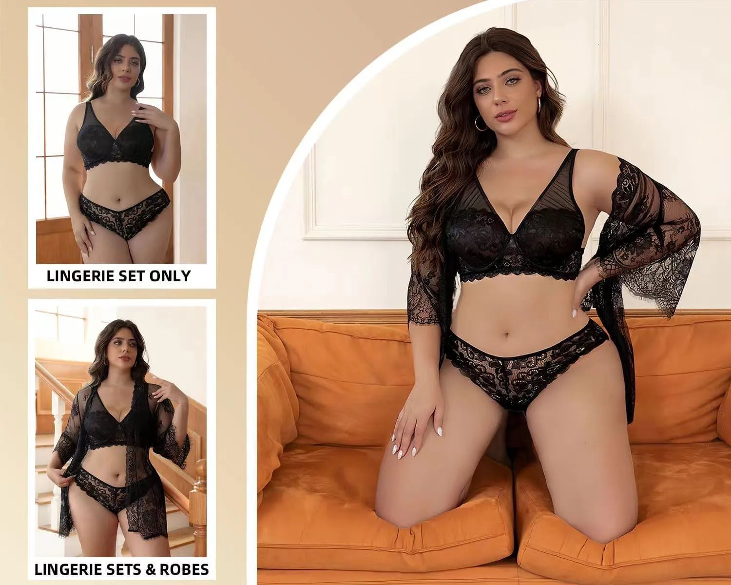 Plus Size Lingerie for Curvy Women 3 Piece Sleepwear with Lace Sexy Robe Lingerie Sets for Women